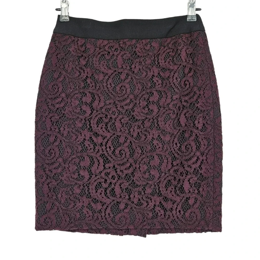 Ann Taylor LOFT Pencil Straight Skirt Plum Black Lace Zip Back Petite